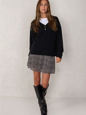 Black Ditsy Floral Mini Skirt and Henley Sweater Set - From Barcelona